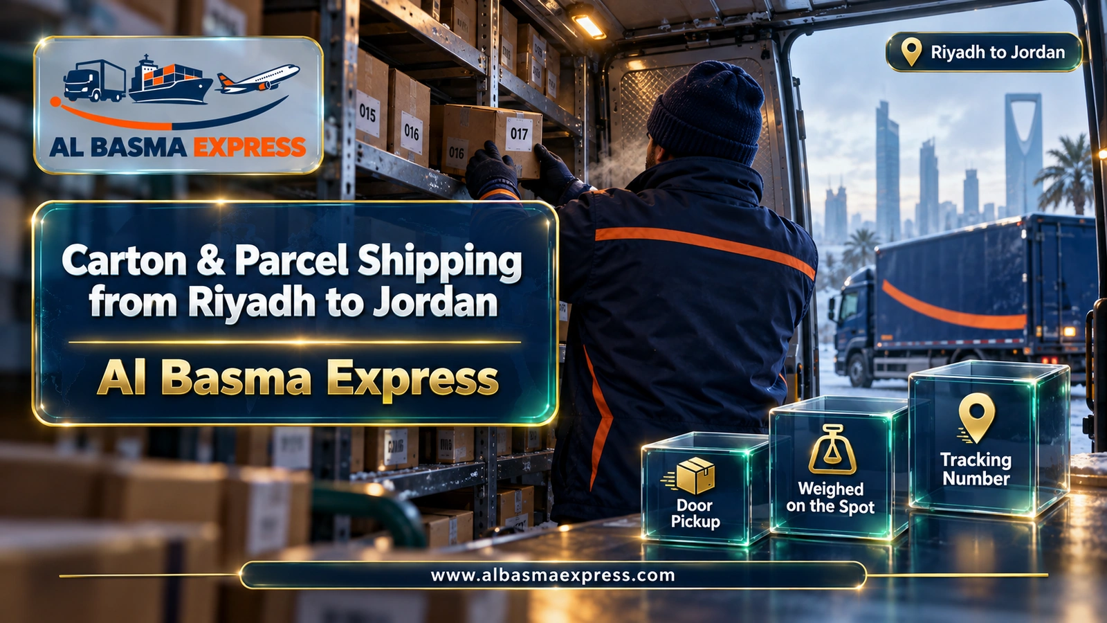 Carton & Parcel Shipping from Riyadh to Jordan – worker shelving numbered cartons in a delivery van | Al Basma Express