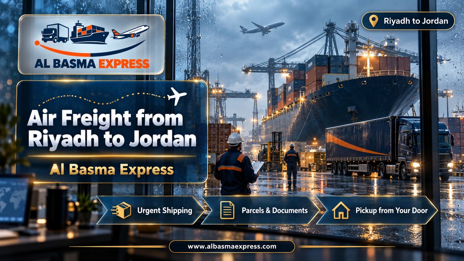 Air Freight from Riyadh to Jordan – freighter seen through rain-streaked glass | Al Basma Express