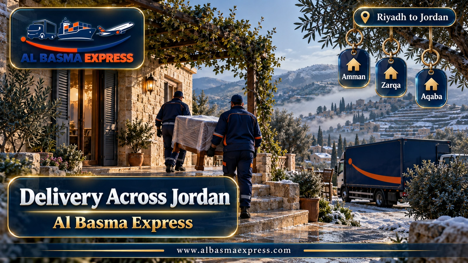 Delivery Across Jordan – workers carrying a wrapped table to a stone house with olive trees | Al Basma Express