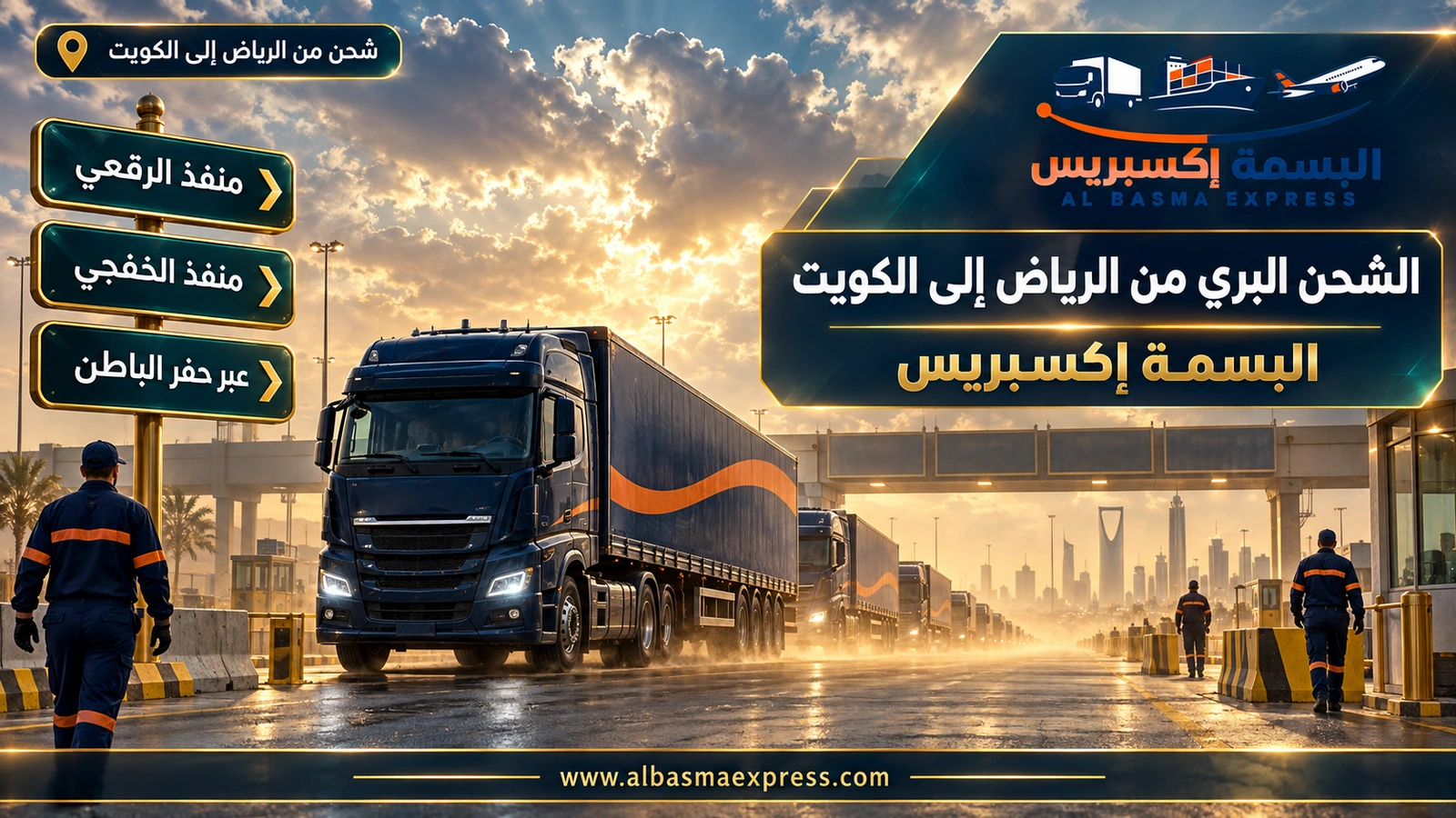 الشحن البري من الرياض إلى الكويت – صف شاحنات في منفذ بري وسط غبار ذهبي | البسمة إكسبريس