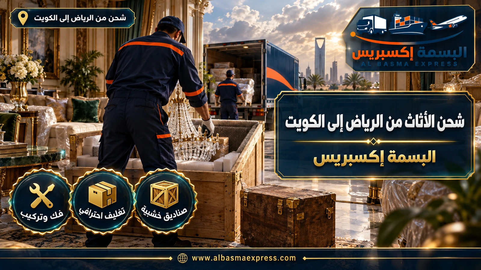 شحن الأثاث من الرياض إلى الكويت – عامل ينزل ثريا كريستال في صندوق خشبي مبطن | البسمة إكسبريس