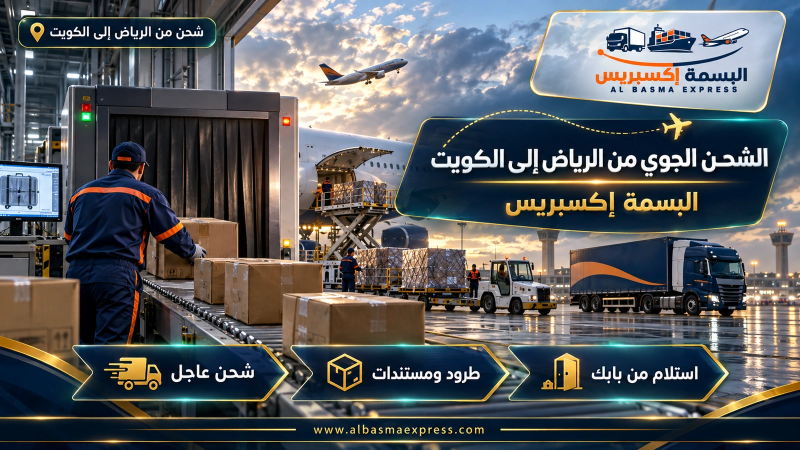 الشحن الجوي من الرياض إلى الكويت – كراتين على سير نحو جهاز الفحص في محطة شحن جوي | البسمة إكسبريس