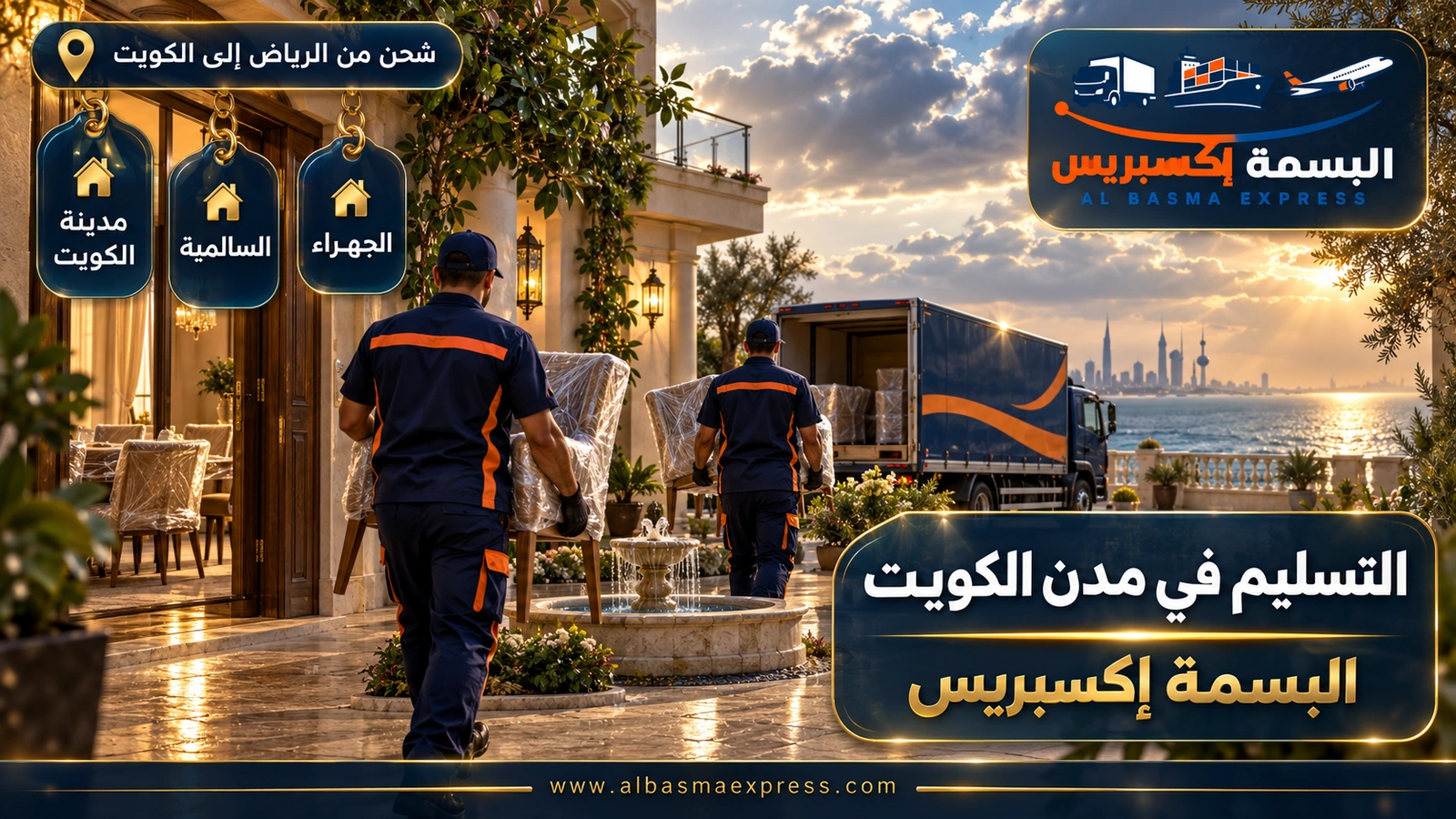 التسليم في مدن الكويت – عاملان يحملان كراسي مغلفة في فناء بيت | البسمة إكسبريس