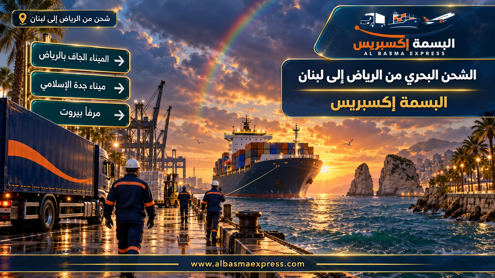الشحن البحري من الرياض إلى لبنان – سفينة شحن تقترب من مرفأ قرب صخرتين بحريتين | البسمة إكسبريس