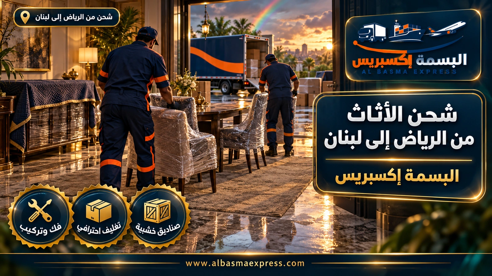 شحن الأثاث من الرياض إلى لبنان – عاملان يغلفان كراسي السفرة وبوفيهاً خشبياً | البسمة إكسبريس
