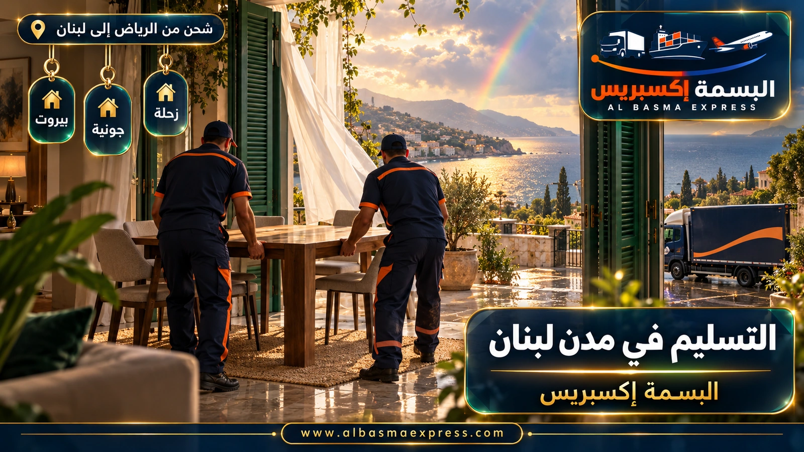 التسليم في مدن لبنان – عاملان يركبان طاولة في شقة بشرفة على البحر | البسمة إكسبريس