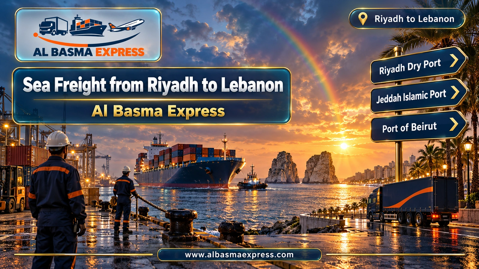 Sea Freight from Riyadh to Lebanon – cargo ship nearing a harbour by two sea rocks | Al Basma Express