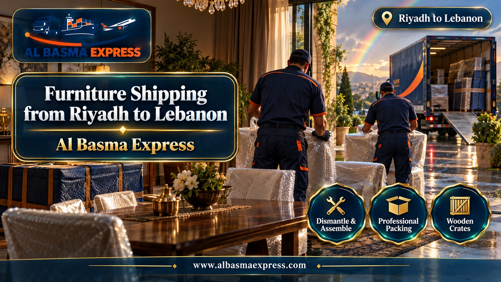 Furniture Shipping from Riyadh to Lebanon – workers wrapping dining chairs and a sideboard | Al Basma Express
