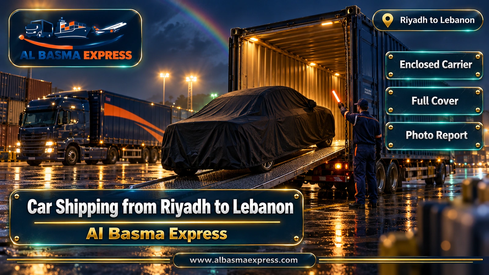 Car Shipping from Riyadh to Lebanon – covered car entering a container at night | Al Basma Express