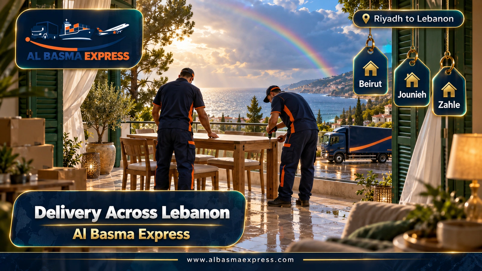 Delivery Across Lebanon – workers assembling a table in a sea-view flat | Al Basma Express