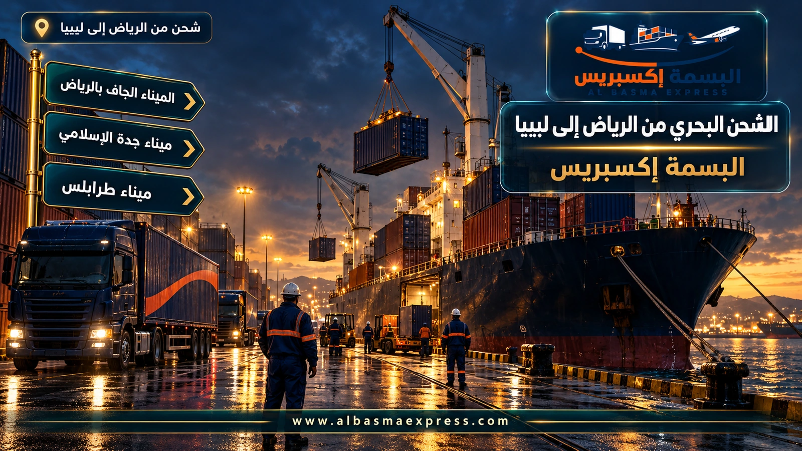 الشحن البحري من الرياض إلى ليبيا – سفينة تفرغ حاوياتها برافعاتها في ميناء صغير | البسمة إكسبريس