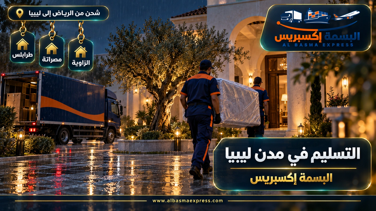 التسليم في مدن ليبيا – عاملان يحملان مرتبة مغلفة عبر فناء بشجرة زيتون | البسمة إكسبريس