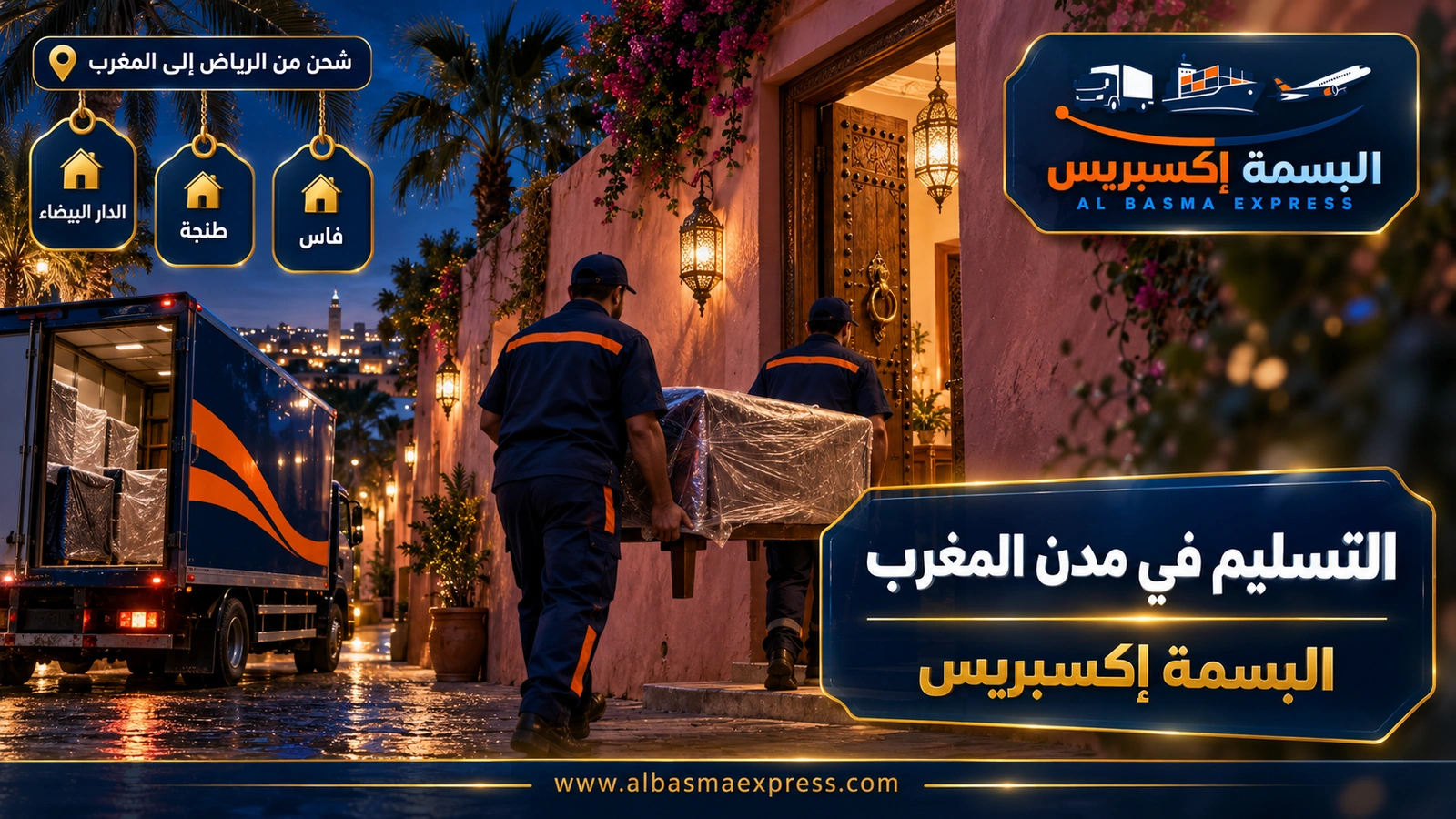 التسليم في مدن المغرب – عاملان يدخلان طاولة مغلفة عبر باب منحوت في زقاق وردي | البسمة إكسبريس
