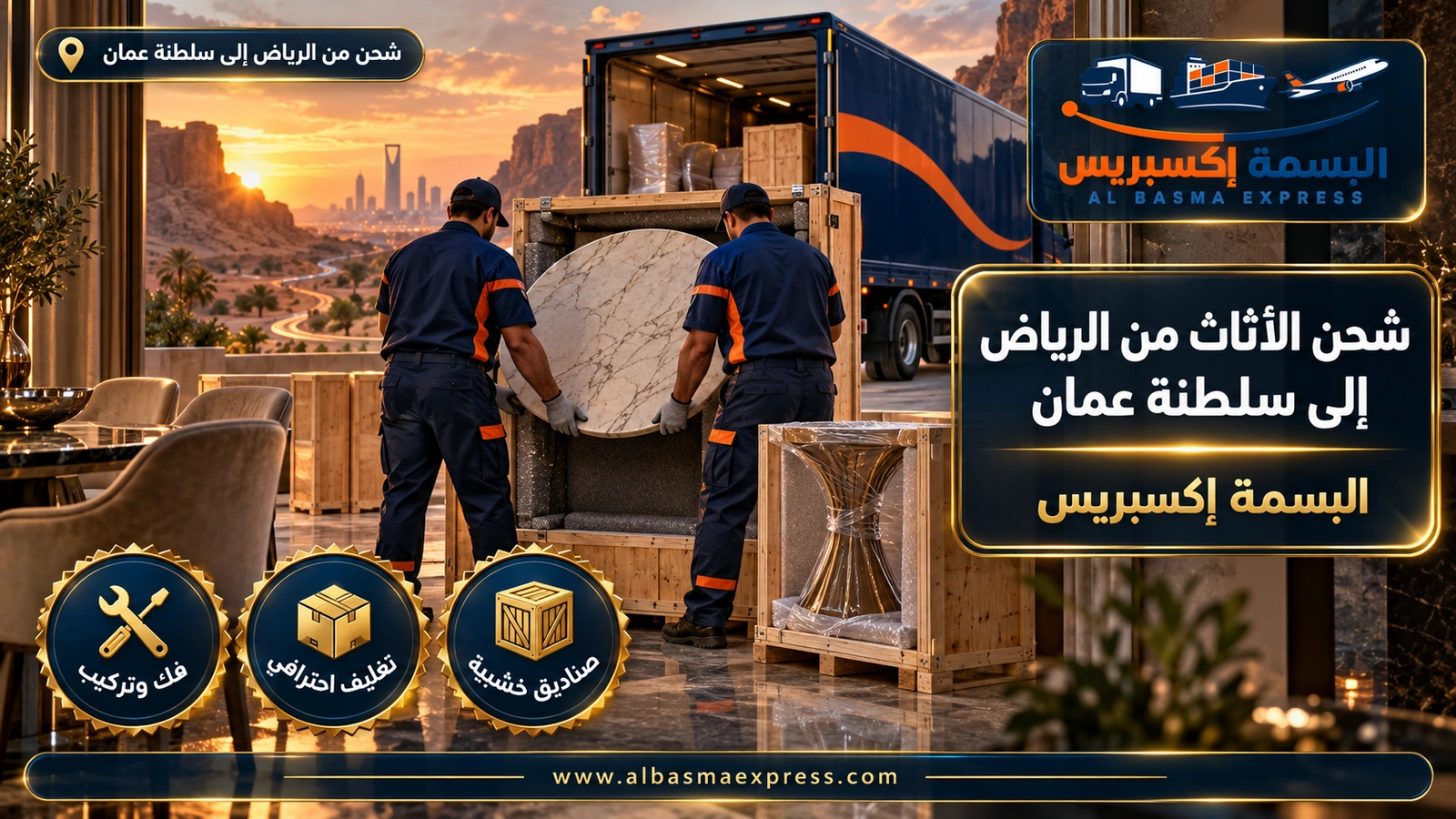 شحن الأثاث من الرياض إلى سلطنة عمان – عاملان ينزلان سطح طاولة رخامي في صندوق خشبي | البسمة إكسبريس
