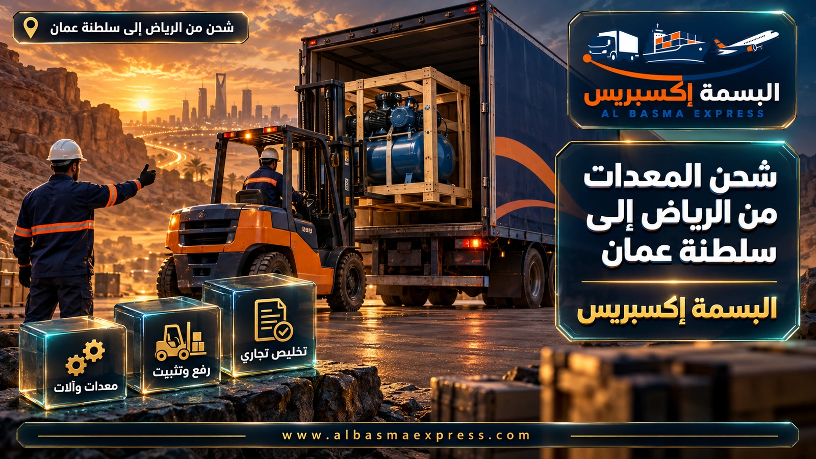 شحن المعدات من الرياض إلى سلطنة عمان – رافعة شوكية تحمّل ضاغطاً صناعياً في شاحنة | البسمة إكسبريس