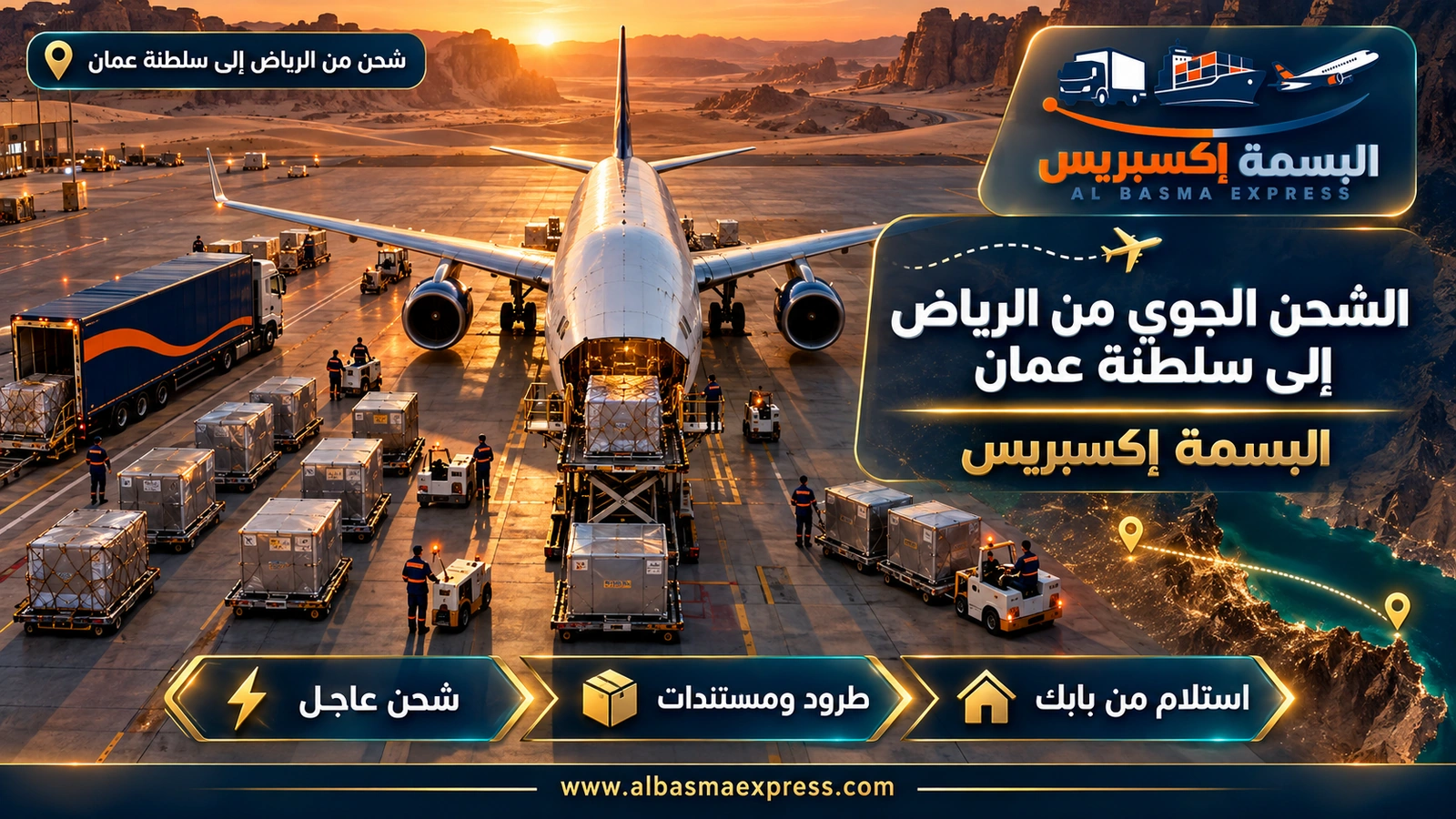 الشحن الجوي من الرياض إلى سلطنة عمان – لقطة علوية لطائرة شحن وحاويات مصفوفة حولها | البسمة إكسبريس
