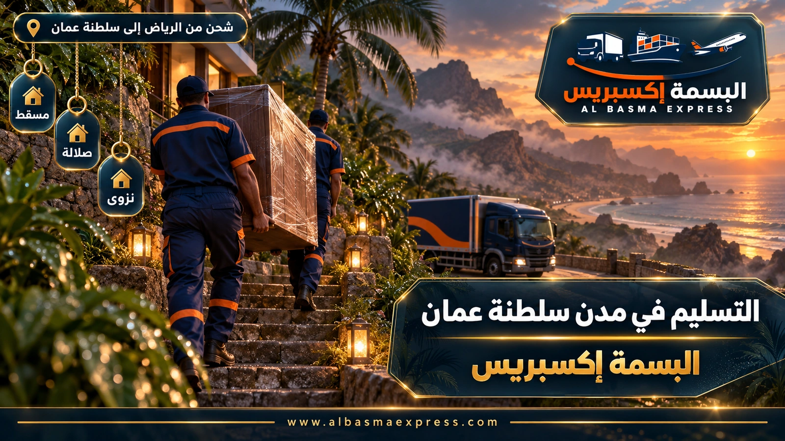 التسليم في مدن سلطنة عمان – عاملان يحملان خزانة مغلفة نحو بيت على سفح أخضر | البسمة إكسبريس