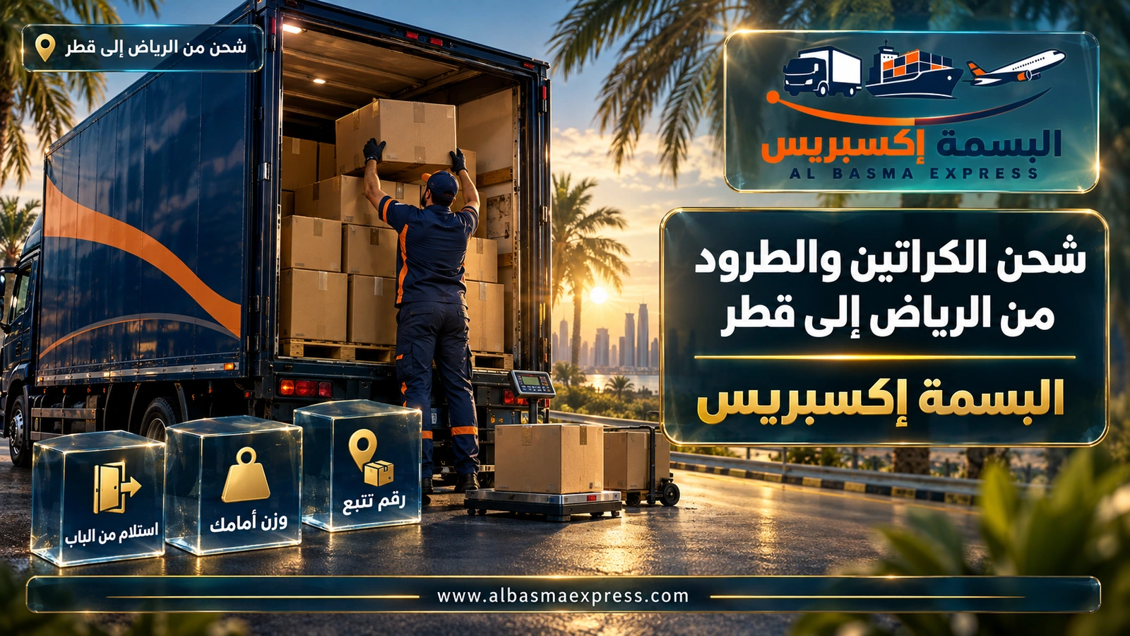 شحن الكراتين والطرود من الرياض إلى قطر – كراتين مرصوصة في عربة توصيل وميزان محمول | البسمة إكسبريس