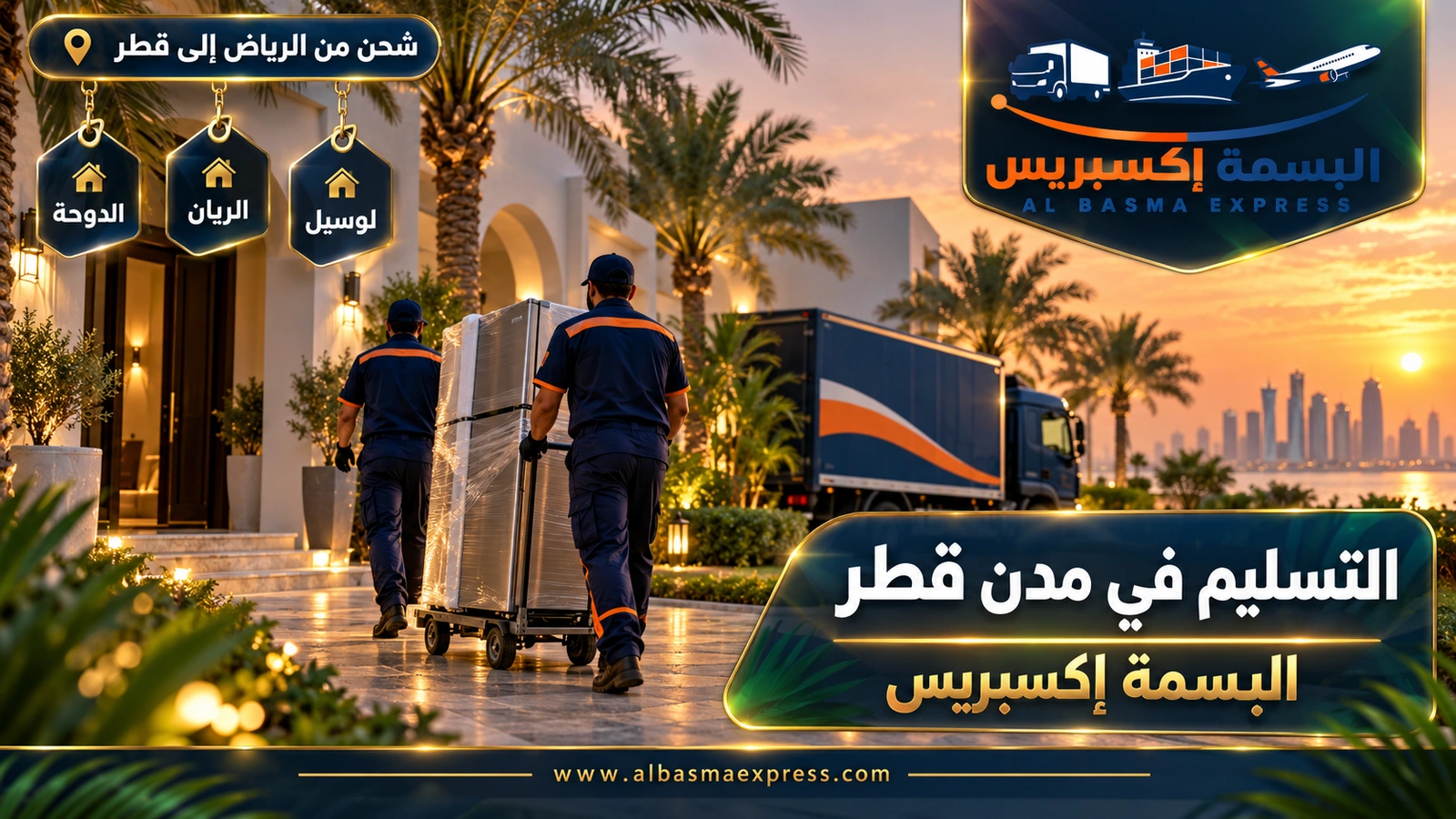 التسليم في مدن قطر – عاملان يدفعان ثلاجة مغلفة نحو فيلا بأقواس بيضاء | البسمة إكسبريس