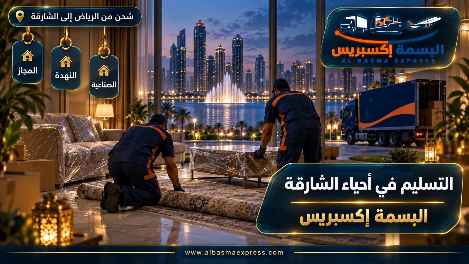 التسليم في أحياء الشارقة – عاملان يفرشان سجادة في شقة مطلة على بحيرة | البسمة إكسبريس