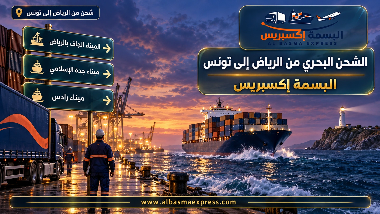 الشحن البحري من الرياض إلى تونس – سفينة حاويات تمر أمام فنار أبيض | البسمة إكسبريس