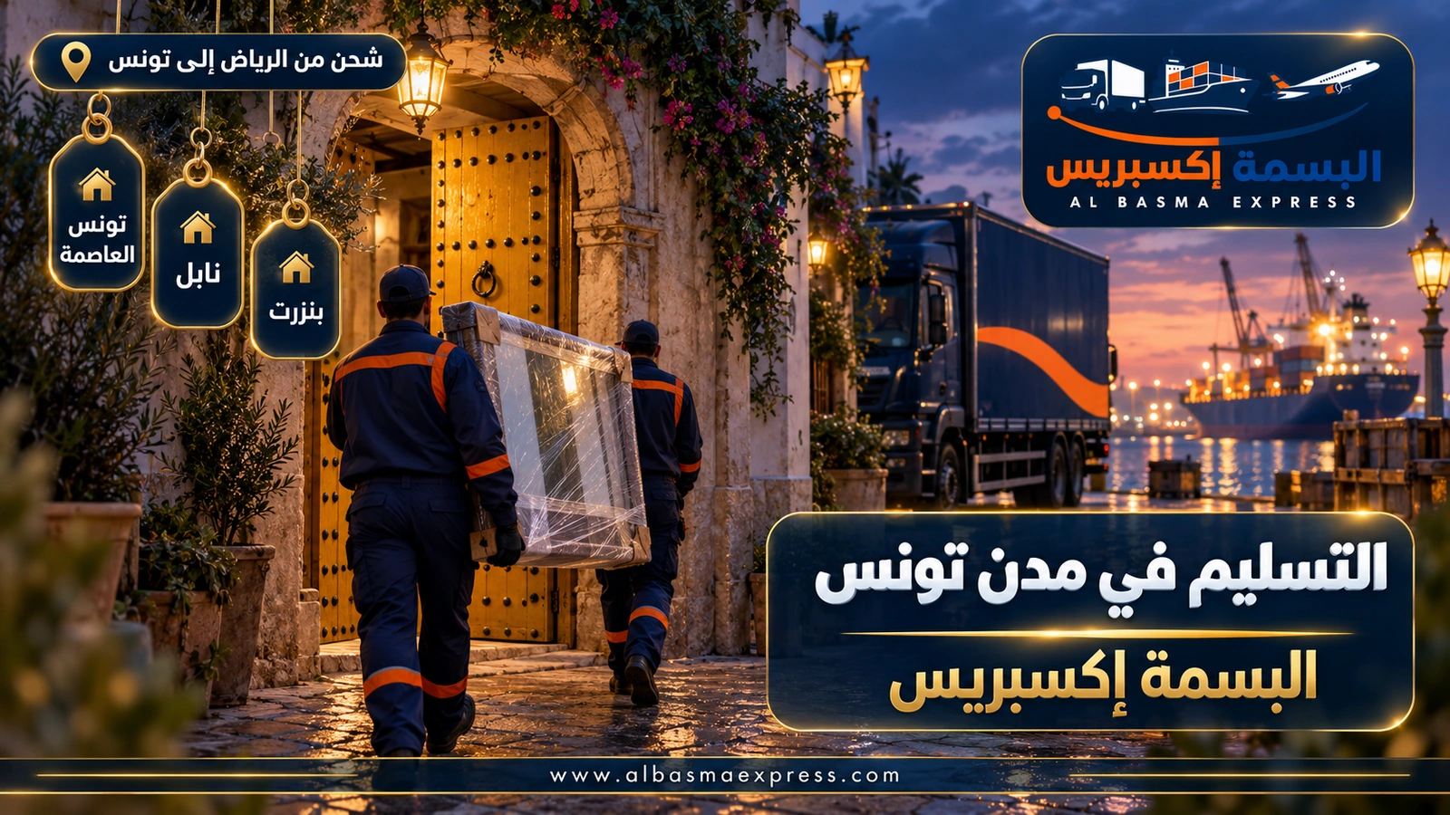 التسليم في مدن تونس – عاملان يحملان مرآة مغلفة في زقاق مدينة عتيقة | البسمة إكسبريس