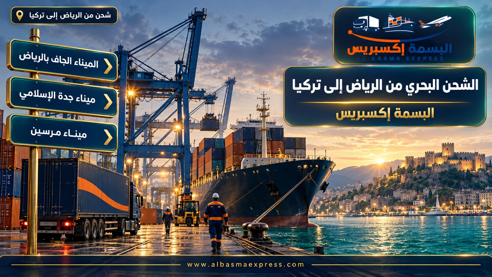 الشحن البحري من الرياض إلى تركيا – سفينة حاويات في ميناء تعلوه قلعة حجرية | البسمة إكسبريس