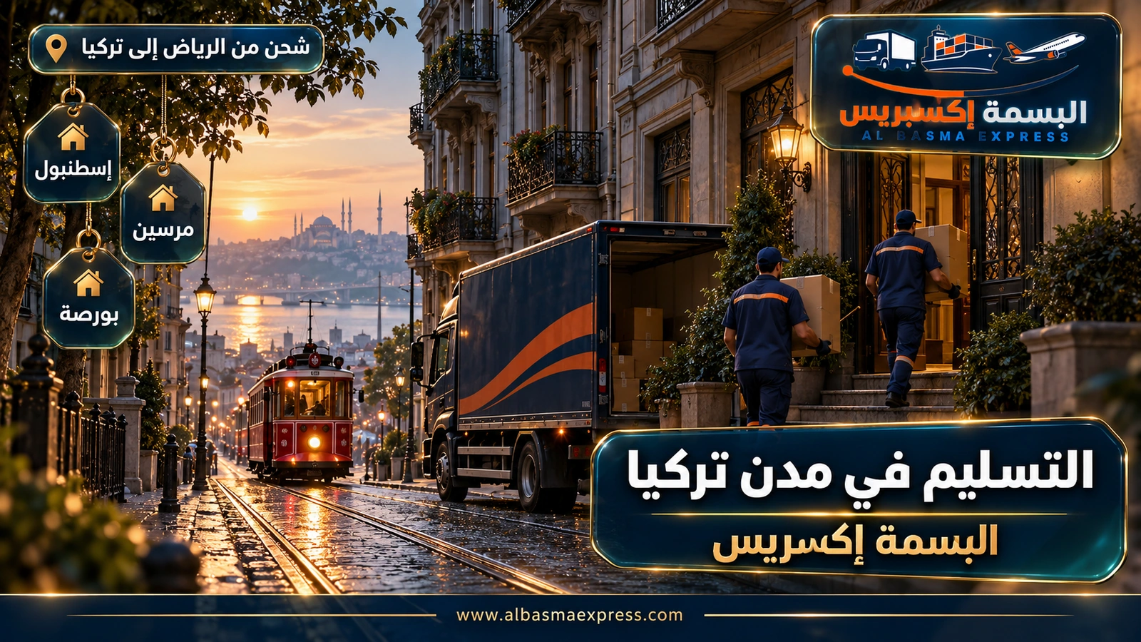 التسليم في مدن تركيا – عاملان يحملان كراتين في شارع يمر به ترام أحمر | البسمة إكسبريس