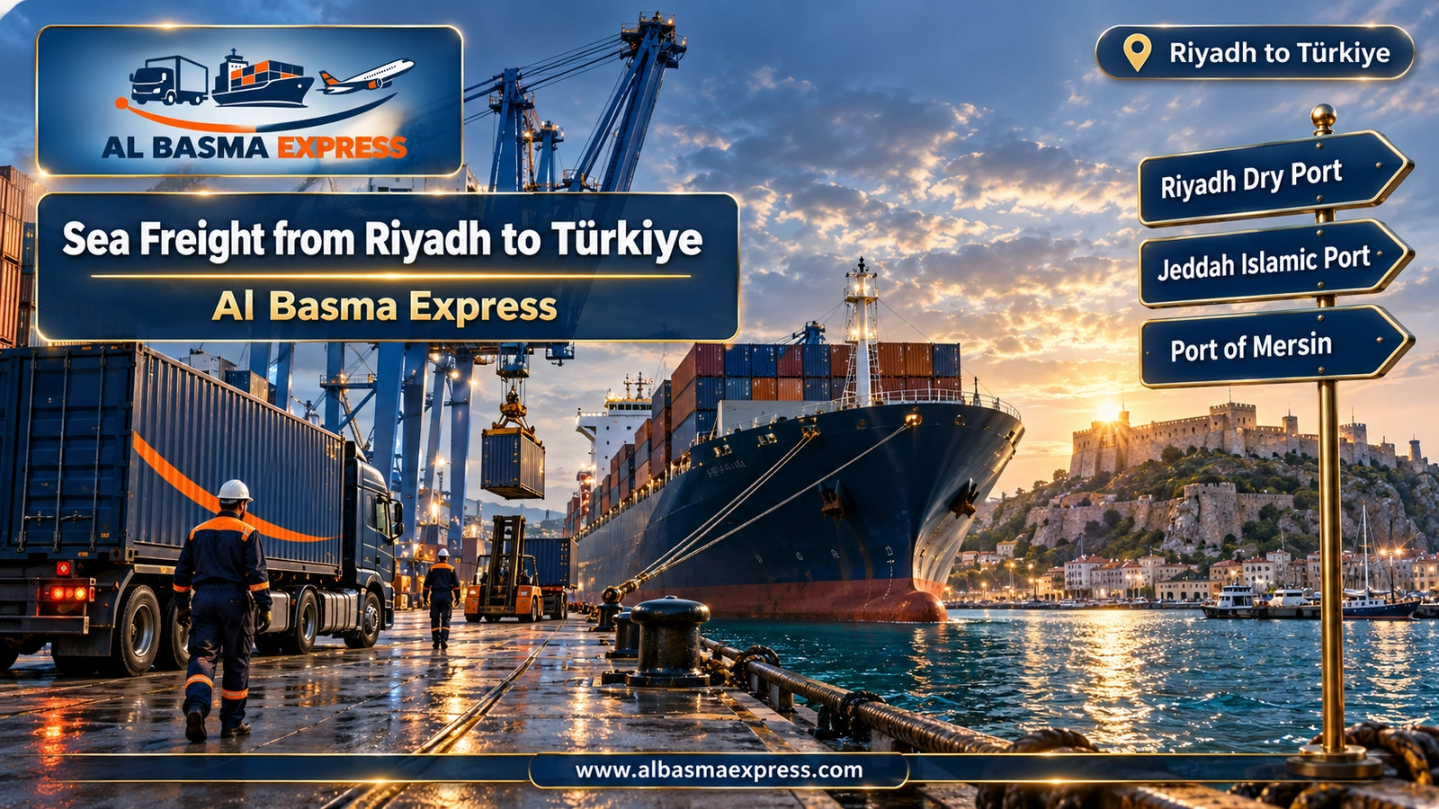 Sea Freight from Riyadh to Türkiye – container ship in a port below a hilltop citadel | Al Basma Express