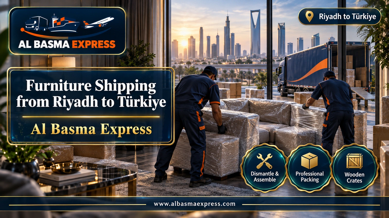 Furniture Shipping from Riyadh to Türkiye – workers separating and wrapping a corner sofa | Al Basma Express