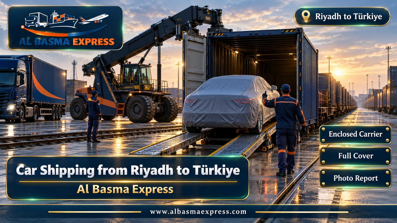 Car Shipping from Riyadh to Türkiye – covered sedan entering a container at a dry port | Al Basma Express