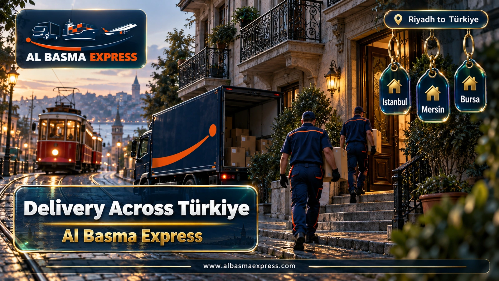 Delivery Across Türkiye – workers carrying cartons on a street with a red tram | Al Basma Express