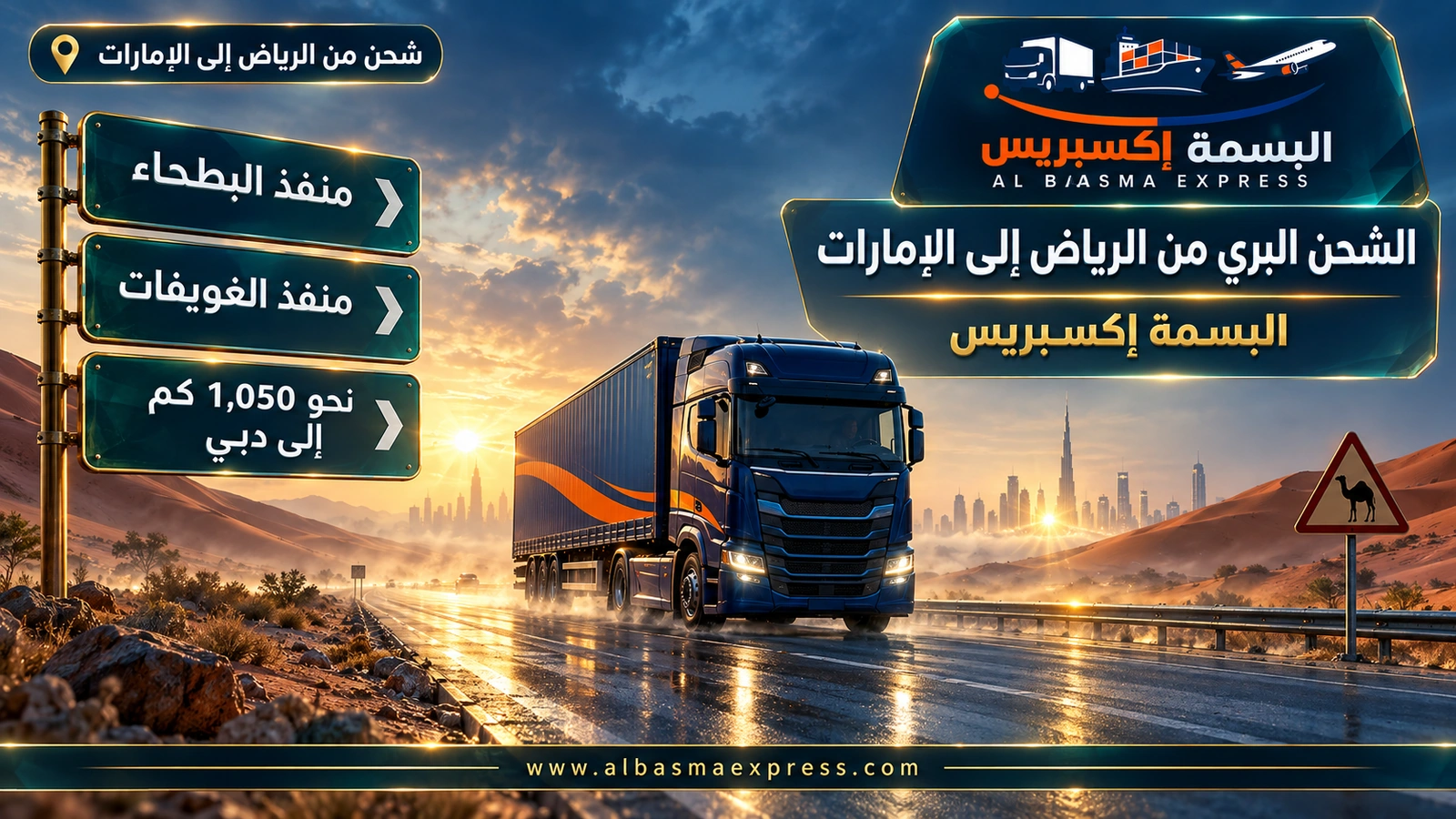 الشحن البري من الرياض إلى الإمارات – شاحنة تعبر كثباناً حمراء على الطريق إلى المنفذ | البسمة إكسبريس