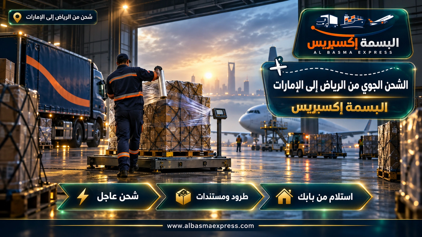 الشحن الجوي من الرياض إلى الإمارات – عامل يلف منصة شحن جوي بالنايلون داخل حظيرة | البسمة إكسبريس