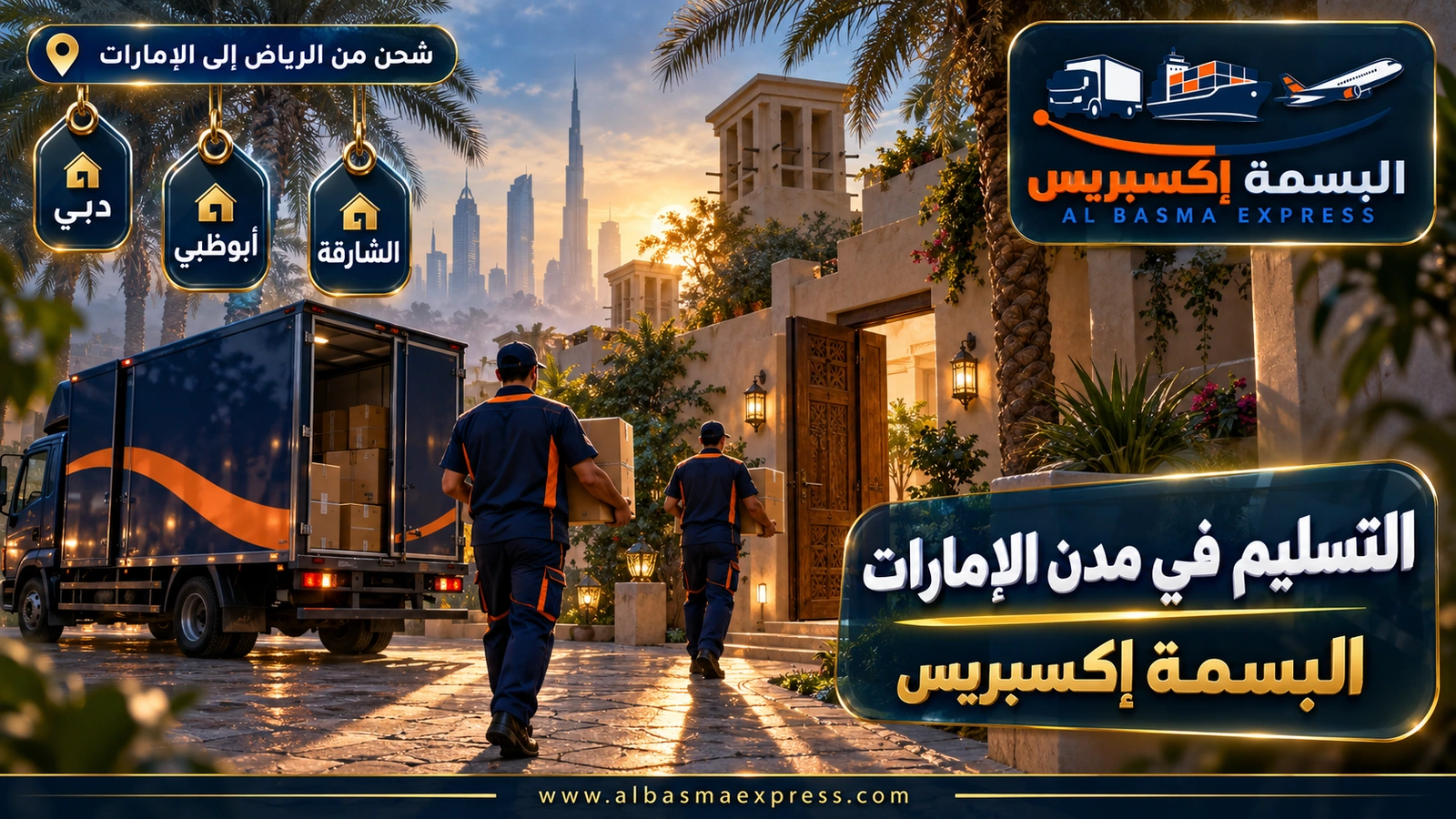 التسليم في مدن الإمارات – عاملان يحملان كراتين إلى فيلا بين النخيل | البسمة إكسبريس