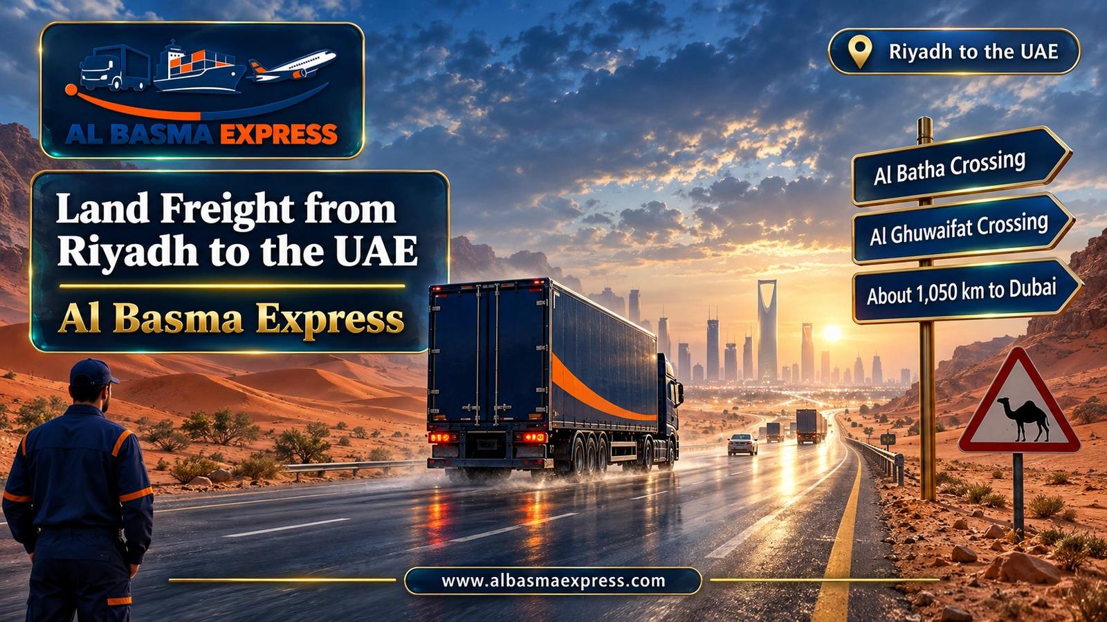 Land Freight from Riyadh to the UAE – truck crossing red dunes on the road to the border | Al Basma Express