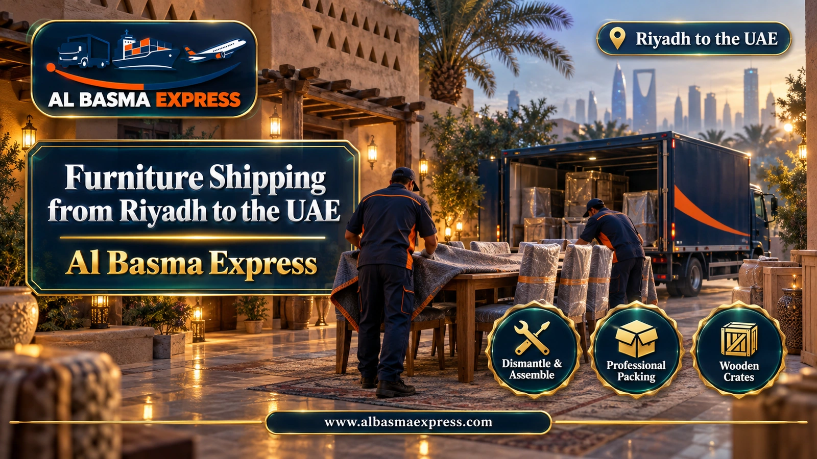 Furniture Shipping from Riyadh to the UAE – workers wrapping a dining table in a Najdi villa courtyard | Al Basma Express