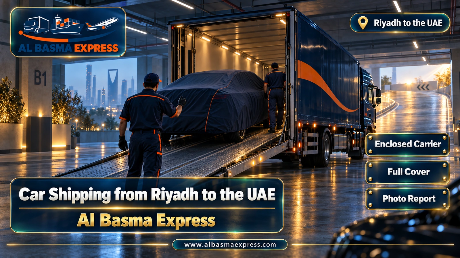 Car Shipping from Riyadh to the UAE – covered sedan approaching an enclosed transporter in a tower car park | Al Basma Express