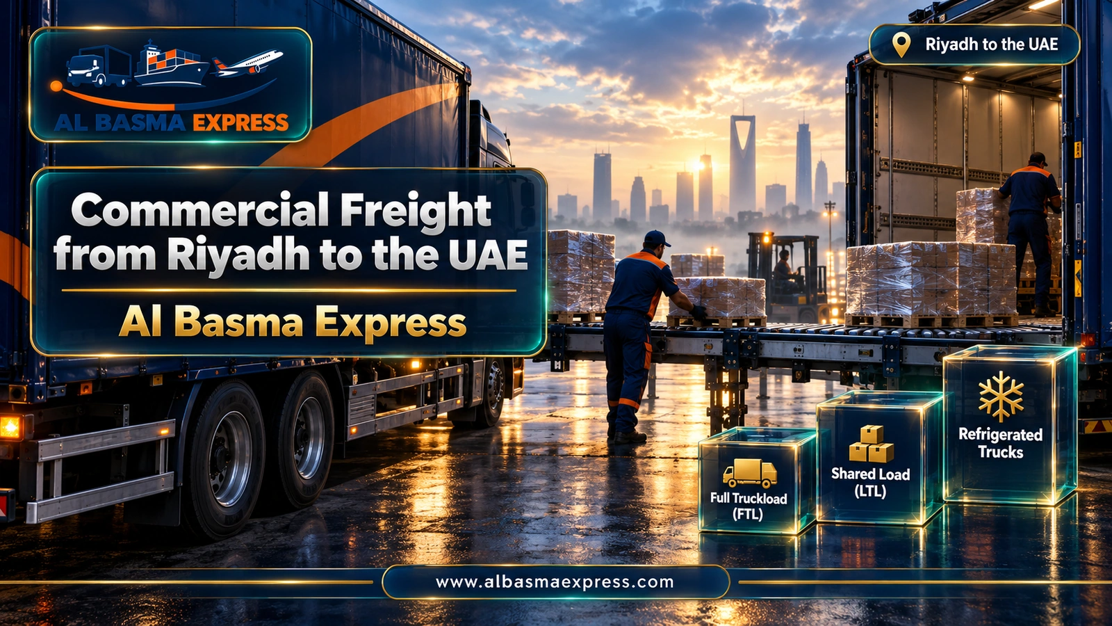 Commercial Freight from Riyadh to the UAE – pallets moving on rollers between two trucks | Al Basma Express
