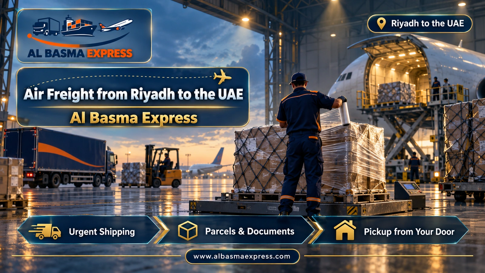 Air Freight from Riyadh to the UAE – worker film-wrapping an air pallet in a cargo hangar | Al Basma Express