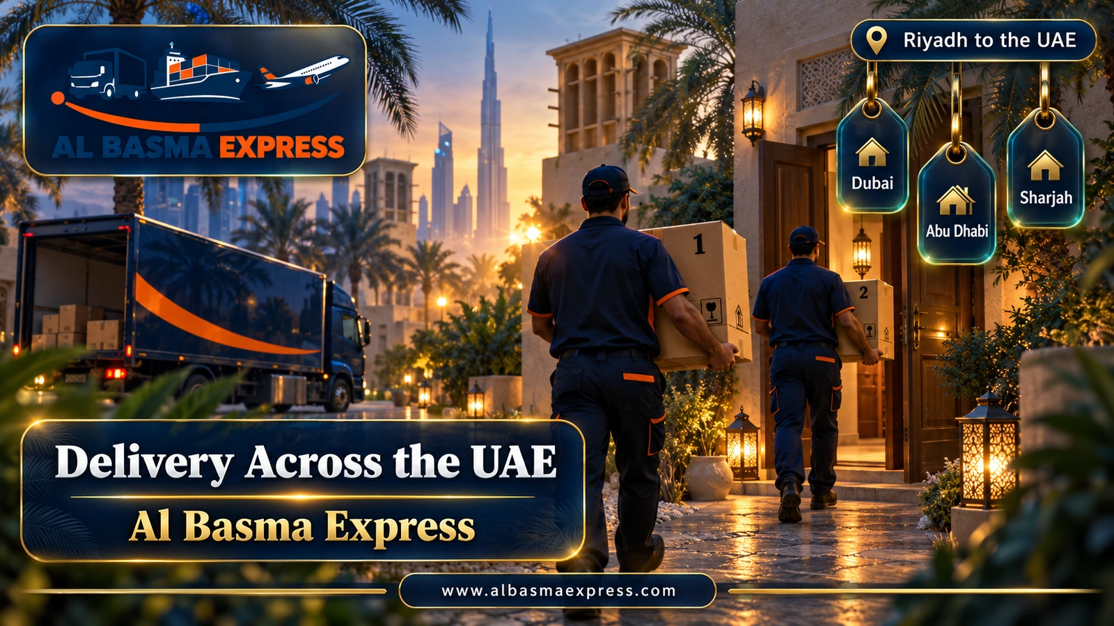 Delivery Across the UAE – workers carrying cartons to a palm-lined villa | Al Basma Express