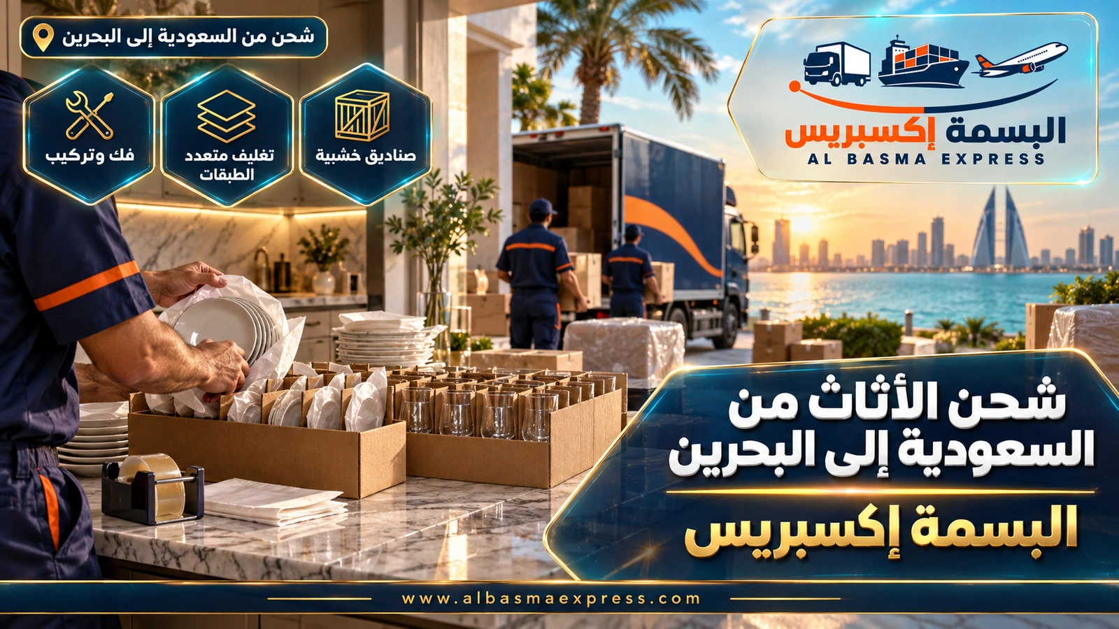 شحن الأثاث من السعودية إلى البحرين – يدان تلفان أطباقاً بورق وتصفانها في كرتون مقسم | البسمة إكسبريس