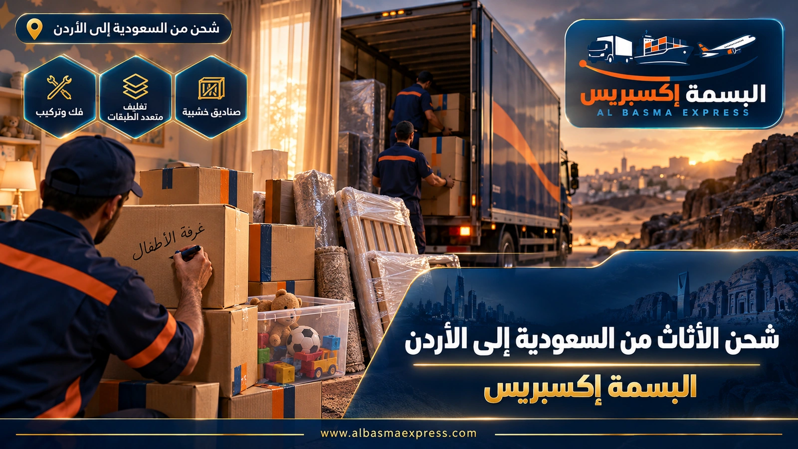 شحن الأثاث من السعودية إلى الأردن – يد تكتب رقماً على كرتون في غرفة أطفال أثناء التجهيز | البسمة إكسبريس