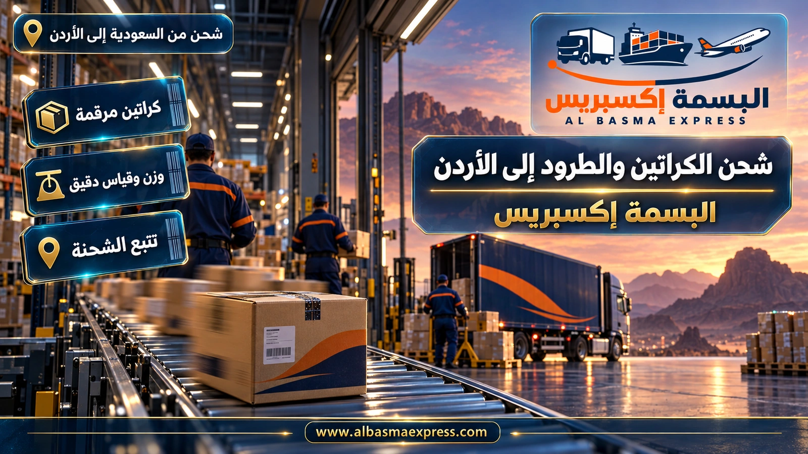 شحن الكراتين والطرود إلى الأردن – كراتين صغيرة تنساب على سير ناقل في مركز فرز | البسمة إكسبريس