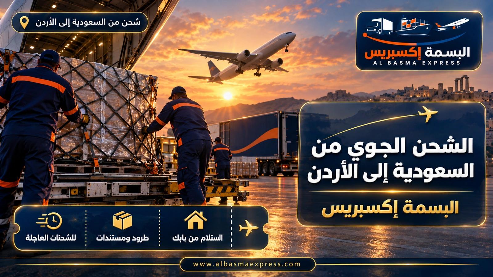 الشحن الجوي من السعودية إلى الأردن – طاقم يثبت شبكة على منصة جوية وطائرة تقلع عند الغروب | البسمة إكسبريس