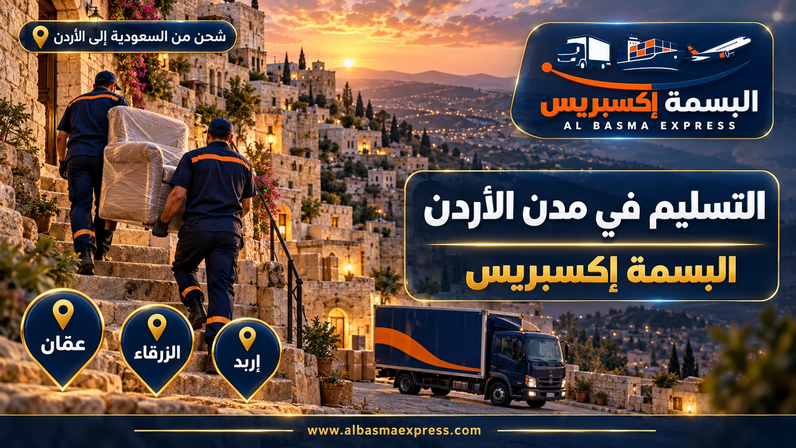 التسليم في مدن الأردن – عاملان يصعدان درجاً حجرياً بكرسي مغلف بين بيوت جيرية | البسمة إكسبريس