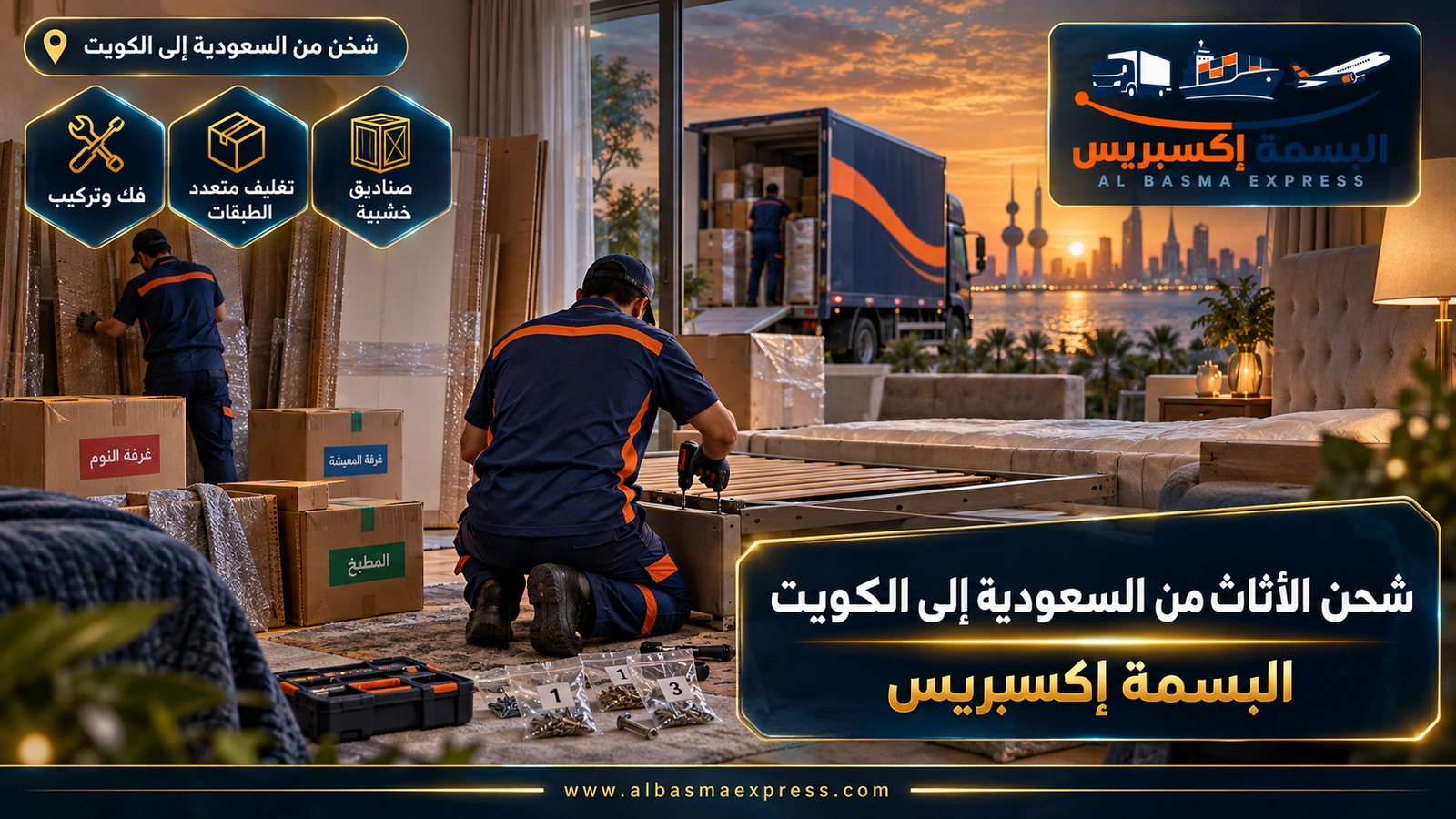 شحن الأثاث من السعودية إلى الكويت – عامل يفك هيكل سرير وبجواره أكياس مسامير مرقمة | البسمة إكسبريس
