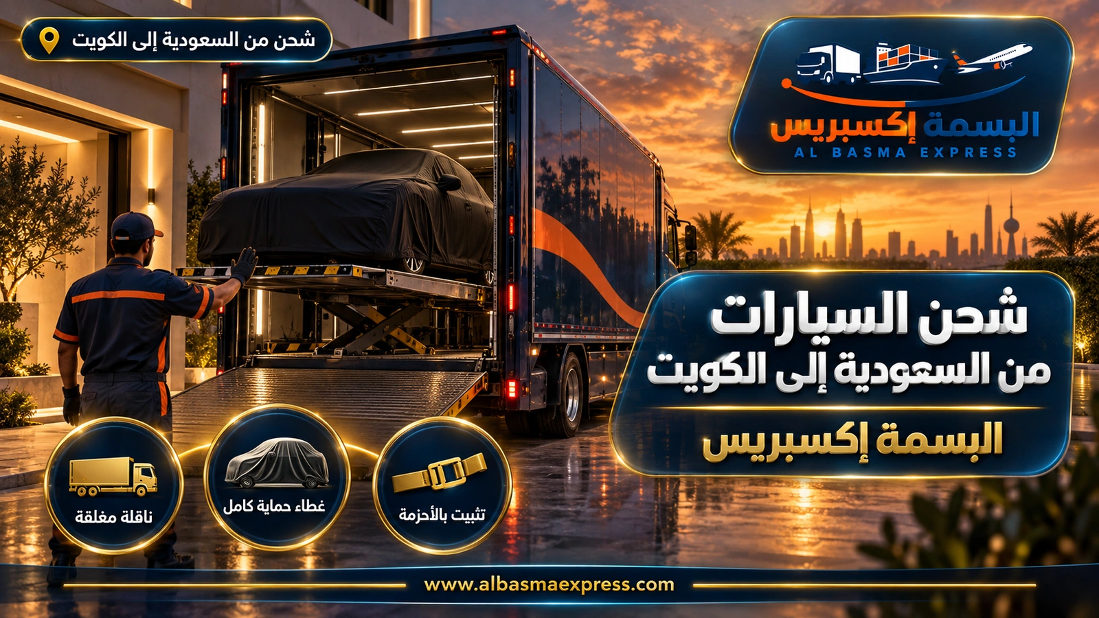 شحن السيارات من السعودية إلى الكويت – سيارة مغطاة على منصة رفع هيدروليكية لناقلة مغلقة | البسمة إكسبريس