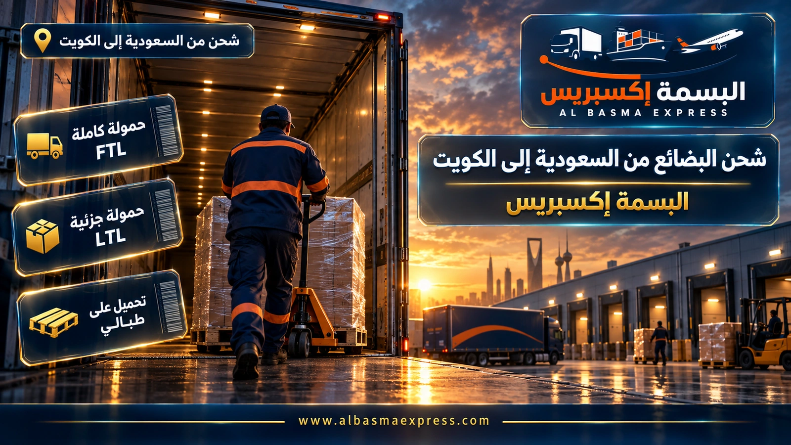 شحن البضائع من السعودية إلى الكويت – عامل يدفع طبلية مغلفة داخل مقطورة على رصيف تحميل | البسمة إكسبريس