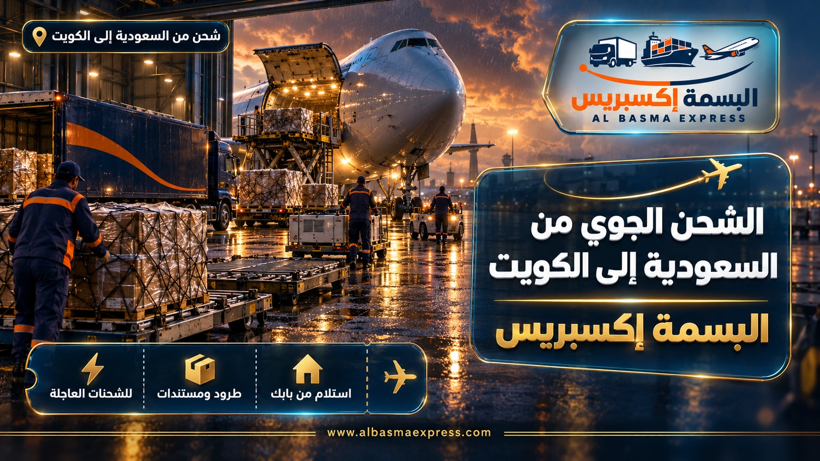الشحن الجوي من السعودية إلى الكويت – منصات شحن جوي مغطاة بالشباك ومقدمة طائرة تحت المطر | البسمة إكسبريس